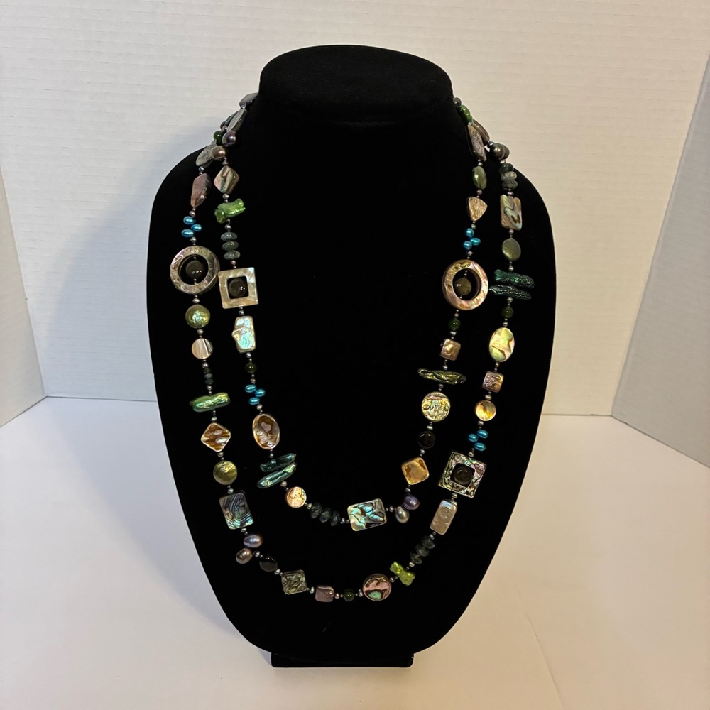 Long Iridescent Abalone & Shell Beaded Necklace – 53”
